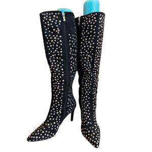 Lauren Lorraine Stunning Black Knee-High Studded Stiletto Boots With Zipper Clos
